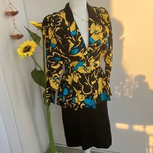 Vintage 80s Peplum Style Long Sleeve Bodycon Dress in Blue, Yellow, & Black